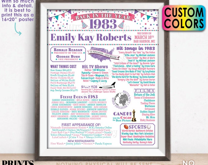 Back in 1983 Birthday Poster Board, Flashback to 1983 Trivia Birthday Decoration, B-day Gift, Custom Colors, PRINTABLE 16x20” 1983 Sign