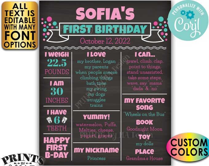 First Birthday Poster, 1st Bday Personalized Milestones Board, Custom PRINTABLE Chalkboard Style Sign, Yearly Stats <Edit Yourself w/Corjl>