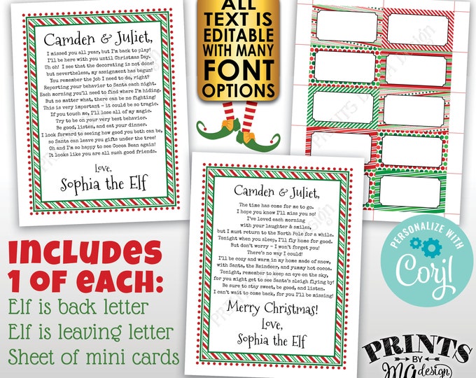 Christmas Elf Bundle Pack, Welcome Back Letter, Leaving, Place Cards, Three Custom Editable PRINTABLE Digital Files <Edit Yourself w/Corjl>