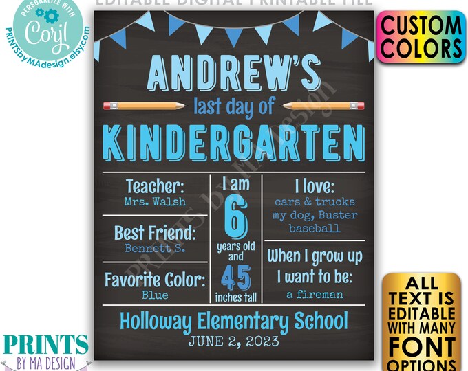 Last Day of School Sign, Editable End of Year Stats, Memories, Custom PRINTABLE 8x10/16x20” Last Day Photo Prop <Edit Yourself w/Corjl>
