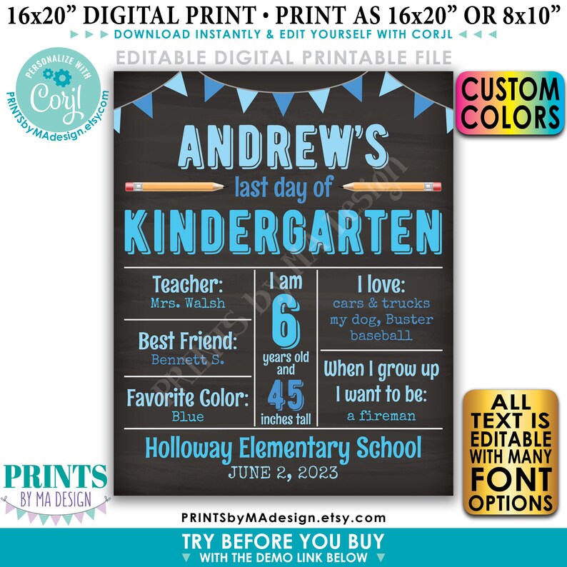 Last Day of School Sign, Editable End of Year Stats, Memories, Custom PRINTABLE 8x10/16x20 Last Day Photo Prop Edit Yourself w/Corjl image 1