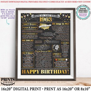 Back in the Year 1963 Birthday Sign, Flashback to 1963 Poster Board, ‘63 B-day Gift, Bday Decoration, PRINTABLE 16x20” Sign <ID>