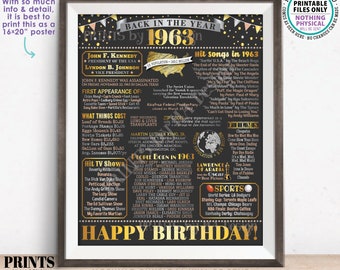 Back in the Year 1963 Birthday Sign, Flashback to 1963 Poster Board, ‘63 B-day Gift, Bday Decoration, PRINTABLE 16x20” Sign <ID>