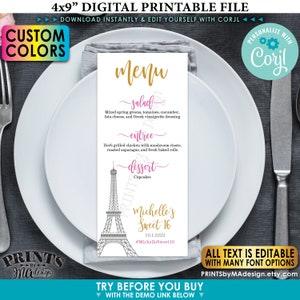 Custom Paris Menu, Eiffeltoren, AFDRUKBARE 4x9" bewerkbare menusjabloon, aangepaste kleuren, bruiloft, verjaardag <Edit Yourself w/Corjl>