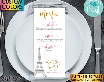 Custom Paris Menu, Eiffel Tower, PRINTABLE 4x9” Editable Menu Template, Custom Colors, Wedding, Birthday <Edit Yourself w/Corjl>