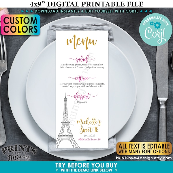 Custom Paris Menu, Eiffel Tower, PRINTABLE 4x9” Editable Menu Template, Custom Colors, Wedding, Birthday <Edit Yourself w/Corjl>