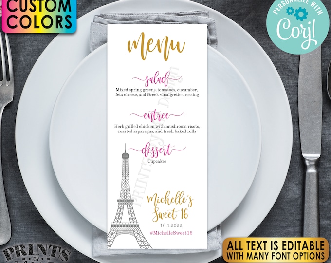 Custom Paris Menu, Eiffel Tower, PRINTABLE 4x9” Editable Menu Template, Custom Colors, Wedding, Birthday <Edit Yourself w/Corjl>