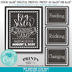 Carteles de anuncio de embarazo del campamento de entrenamiento de Big Sister, cuatro carteles IMPRIMIBLES de estilo pizarra de 8x10/16x20" <Edite usted mismo con Corjl>