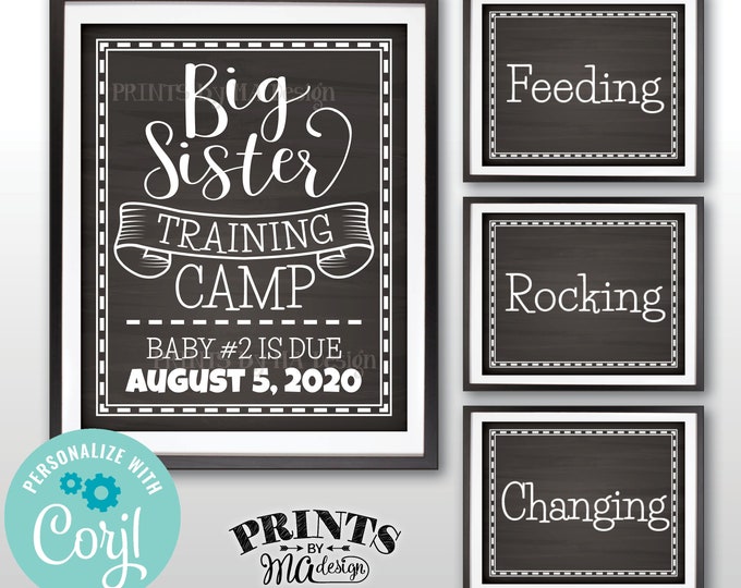 Big Sister Training Camp Pregnancy Announcement Signs, Four PRINTABLE 8x10/16x20” Chalkboard Style Signs <Edit Yourself with Corjl>