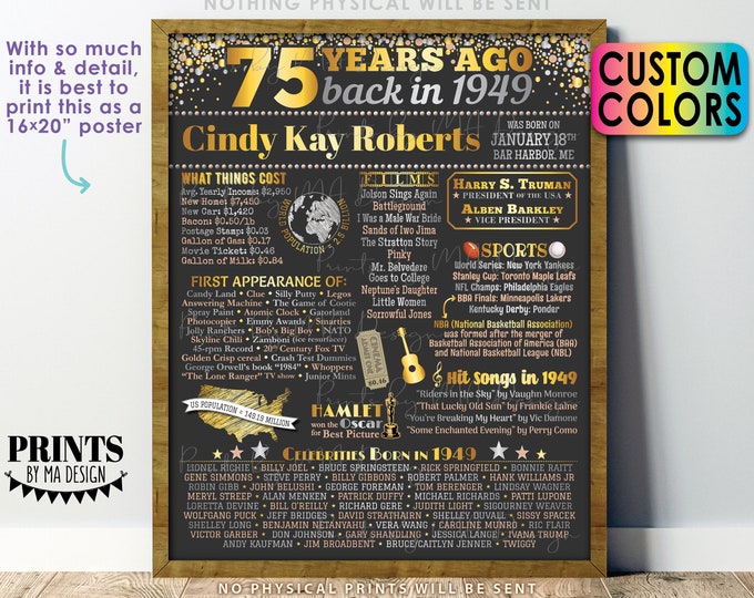 75th Birthday Poster Board, Back in 1949 Flashback 75 Years Ago B-day Gift, Custom PRINTABLE 16x20” Born in 1949 Sign