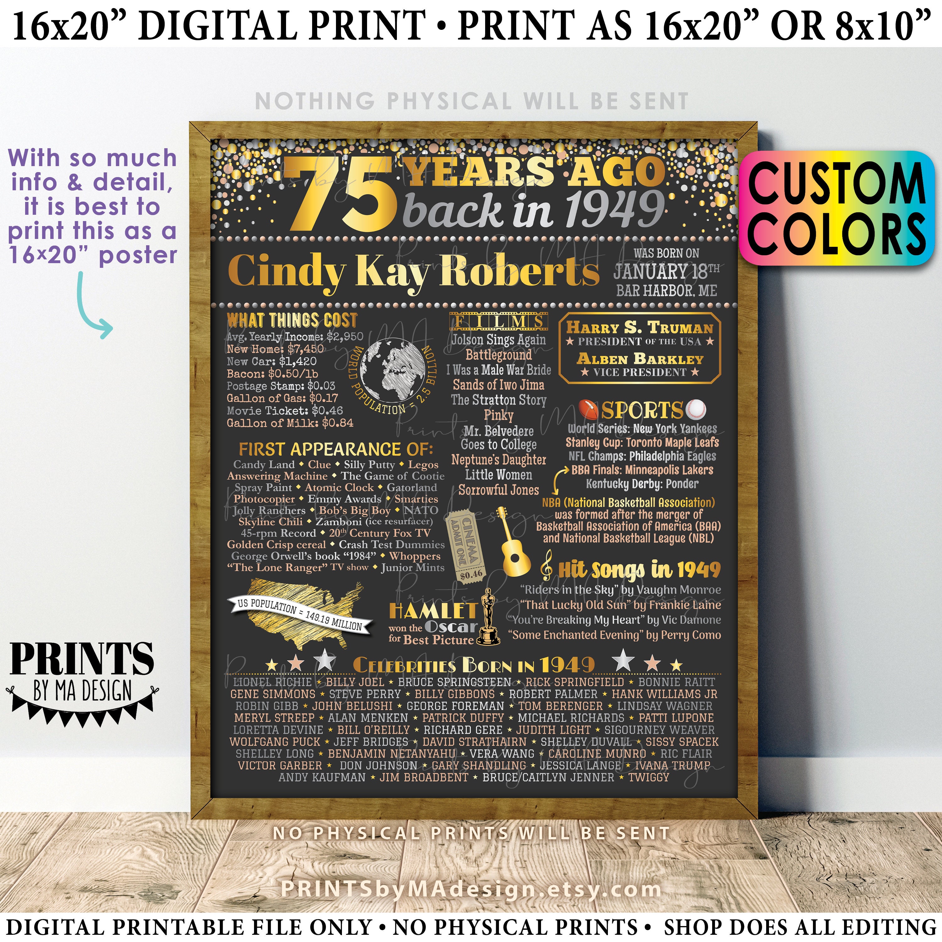 75th Birthday Poster Board, Back in 1949 Flashback 75 Years Ago B-day ...
