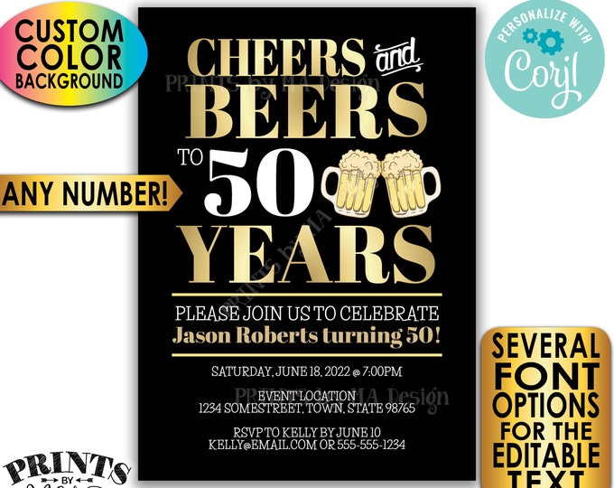 Cheers and Beers Invitation, Cheers to Years, Custom PRINTABLE 5x7” Party Invite, Birthday or Retirement <Edit Yourself with Corjl>