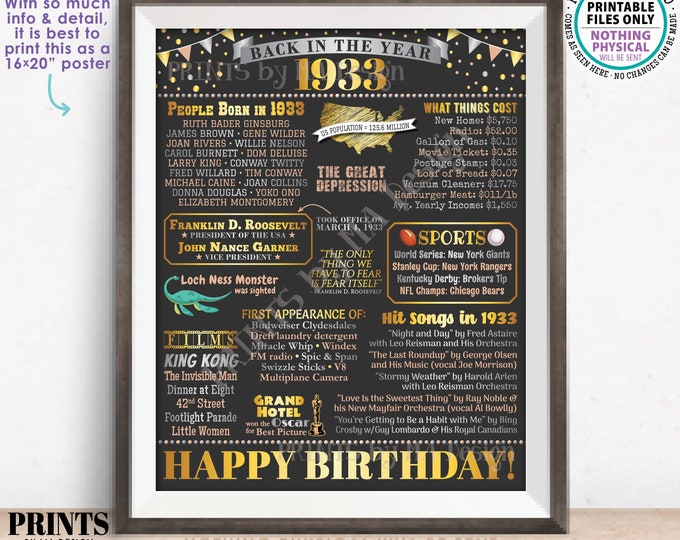 Back in the Year 1933 Birthday Sign, Flashback to 1933 Poster Board, ‘33 B-day Gift, Bday Decoration, PRINTABLE 16x20” Sign <ID>