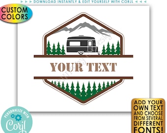 Custom Camper Sign, Camping Adventure Sign, Choose Your Text & Colors, PRINTABLE 8x10/16x20” Landscape RV Sign <Edit Yourself with Corjl>