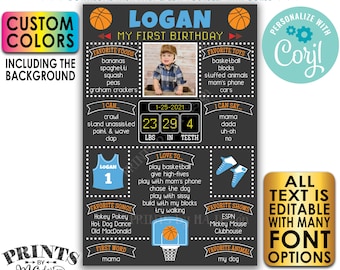 Editable Basketball Birthday Board, Personalized Milestones Poster, One Custom PRINTABLE 24x36" 1st B-day Stats Sign <Edit Yourself w/Corjl>