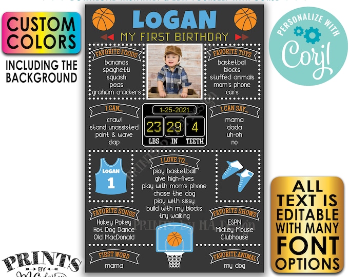 Editable Basketball Birthday Board, Personalized Milestones Poster, One Custom PRINTABLE 24x36" 1st B-day Stats Sign <Edit Yourself w/Corjl>