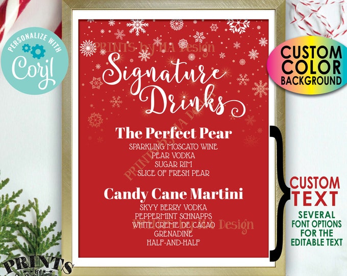 Signature Drinks Sign, Holiday Christmas Party Cocktails, Snowflakes, Custom PRINTABLE 8x10” Bar Sign <Edit Yourself w/Corjl>