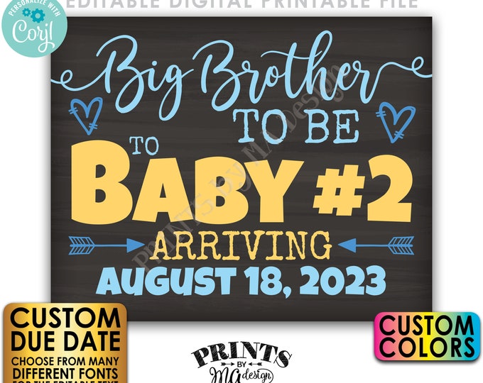 Baby #2 Pregnancy Announcement, Big Brother to Be to Baby Number 2, PRINTABLE 8x10/16x20” Chalkboard Style Sign <Edit Yourself w/Corjl>