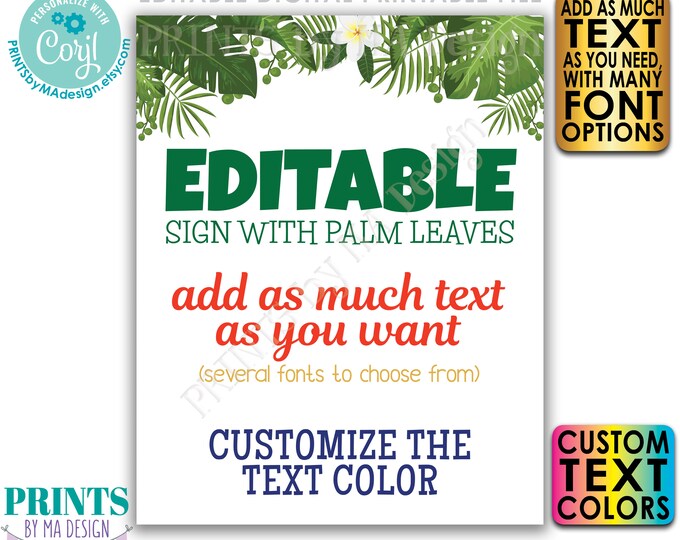 Custom Sign with Tropical Palm Leaves, Choose Your Text, PRINTABLE 8x10/16x20" Portrait Sign, Caribbean Greenery <Edit Yourself with Corjl>