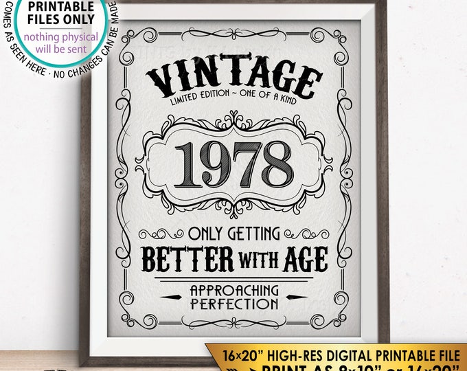 1978 Birthday Sign, Better with Age Vintage Birthday Poster Aged to Perfection, Textured Style PRINTABLE 8x10/16x20” Instant Download Sign
