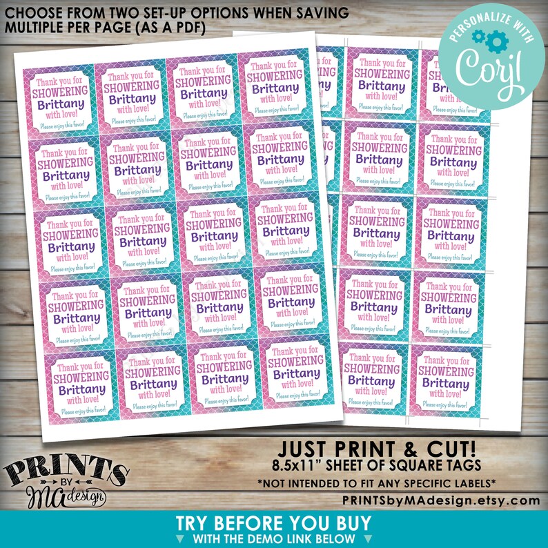 Editable Mermaid Party Tags/Cards, Party Favors, Custom Watercolor Style 2 Squares, PRINTABLE 8.5x11 Digital File Edit Yourself w/Corjl image 2