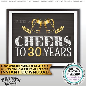 30th Birthday Party Decoration, Cheers to 30 Years, Beer Birthday, PRINTABLE 8x10” Chalkboard Style Sign &lt;ID&gt;