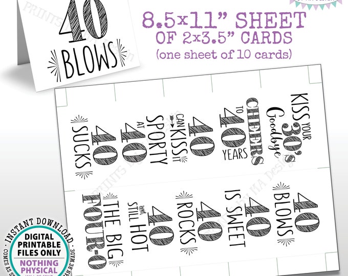 40th Birthday Party Candy Signs, Cheers to 40 Candy Bar, 40 Sucks Blows Rocks Sweet, Kiss 30s Goodbye, PRINTABLE 8.5x11” Sheet of Cards <ID>