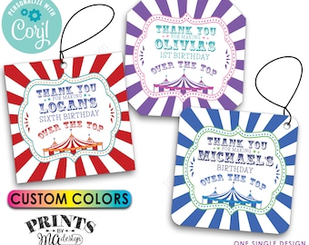 Carnival Birthday Thank You Tags, Over the Top Circus Favor Tags, Custom 3" Cards, Digital PRINTABLE 8.5x11" File <Edit Yourself with Corjl>