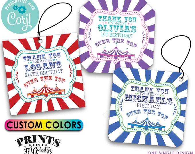 Carnival Birthday Thank You Tags, Over the Top Circus Favor Tags, Custom 3" Cards, Digital PRINTABLE 8.5x11" File <Edit Yourself with Corjl>