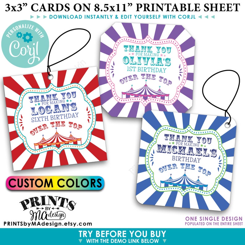 May include: Printable sheet of 3x3 inch cards with a circus theme. The cards feature a red, white, and blue striped background with a tent and the text "Thank You for Making [Name]'s [Age] Birthday Over the Top".