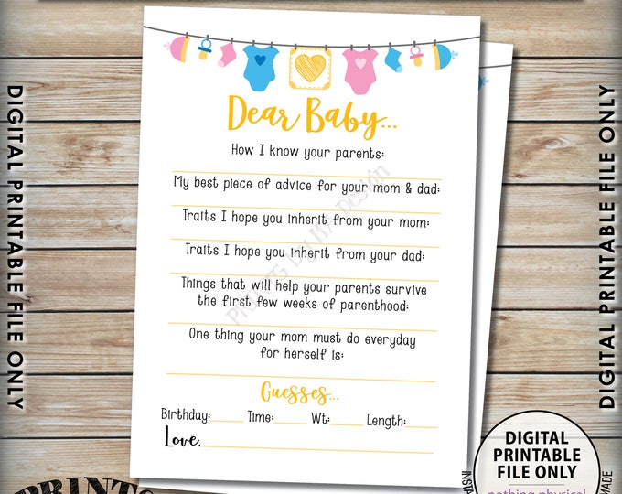 Dear Baby Shower Activity, Baby Shower Game, Guessing Game, Baby Advice, Parent Advice, Gender Neutral 5x7” Printable Instant Download