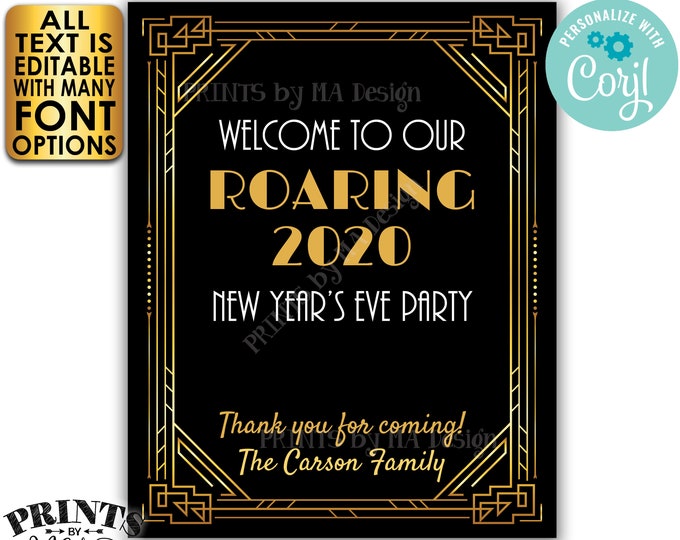 Editable New Year's Party Sign, Roaring Twenties Great Gatsby Party, Welcome, Custom PRINTABLE 16x20” Art Deco Sign <Edit Yourself w/Corjl>