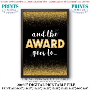 Und der Award geht an Zeichen, Preis-Feier, Film-Themenparty, Filmrolle, Schwarz und Gold Glitter druckbares 20x30-Zoll-Award-Schild
