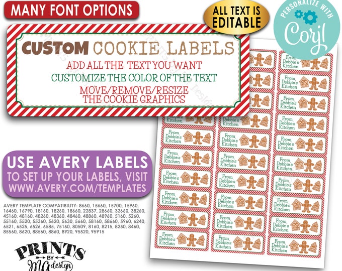 Editable Christmas Cookie Labels, Personlaized X-mas Bake Sale Tags, One Custom PRINTABLE 1x2-5/8" Label <Edit Yourself with Corjl>