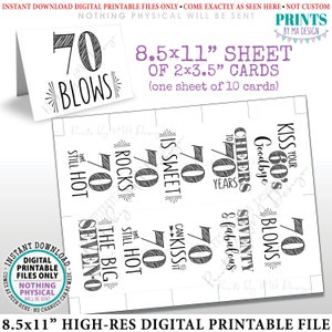Carteles de dulces para fiesta de cumpleaños número 70, Saludos a 70 Candy Bar, 70 Sucks Blows Rocks Sweet, Kiss 60s Goodbye, Hoja de tarjetas IMPRIMIBLE de 8.5x11" <ID>