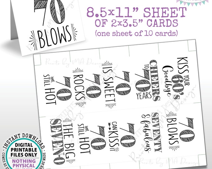 70th Birthday Party Candy Signs, Cheers to 70 Candy Bar, 70 Sucks Blows Rocks Sweet, Kiss 60s Goodbye, PRINTABLE 8.5x11” Sheet of Cards <ID>