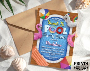 Sweet 16 Pool Party Invitation, Sweet Sixteen Bash, PRINTABLE 5x7"  Birthday Invite, Unicorn, Flamingo, Pool Floats, Digital File