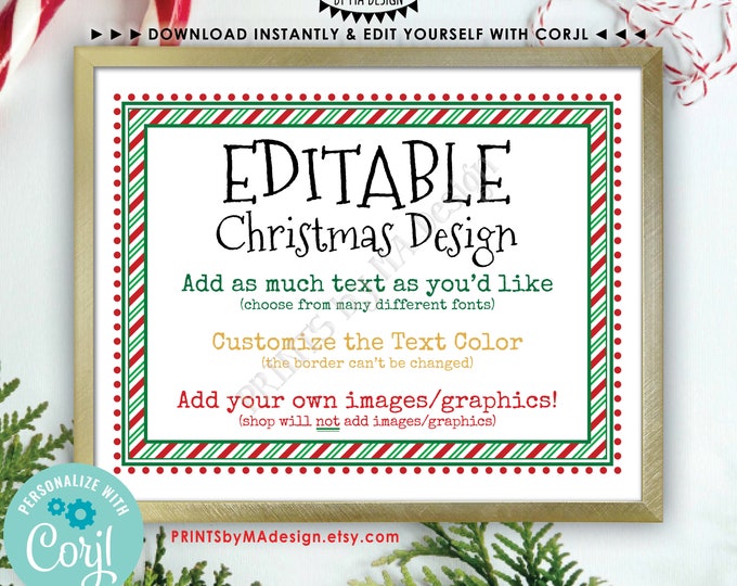 Editable Christmas Sign, Add Text/Graphics, Matches Elf Designs, One Custom PRINTABLE 8.5x11" Landscape Digital File <Edit Yourself w/Corjl>