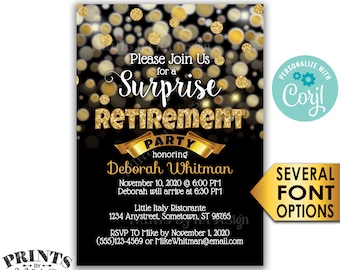 Surprise Retirement Party Invitation, Black & Gold Glitter Invite, PRINTABLE 5x7" Golden B-day Invite <Edit Yourself with Corjl>