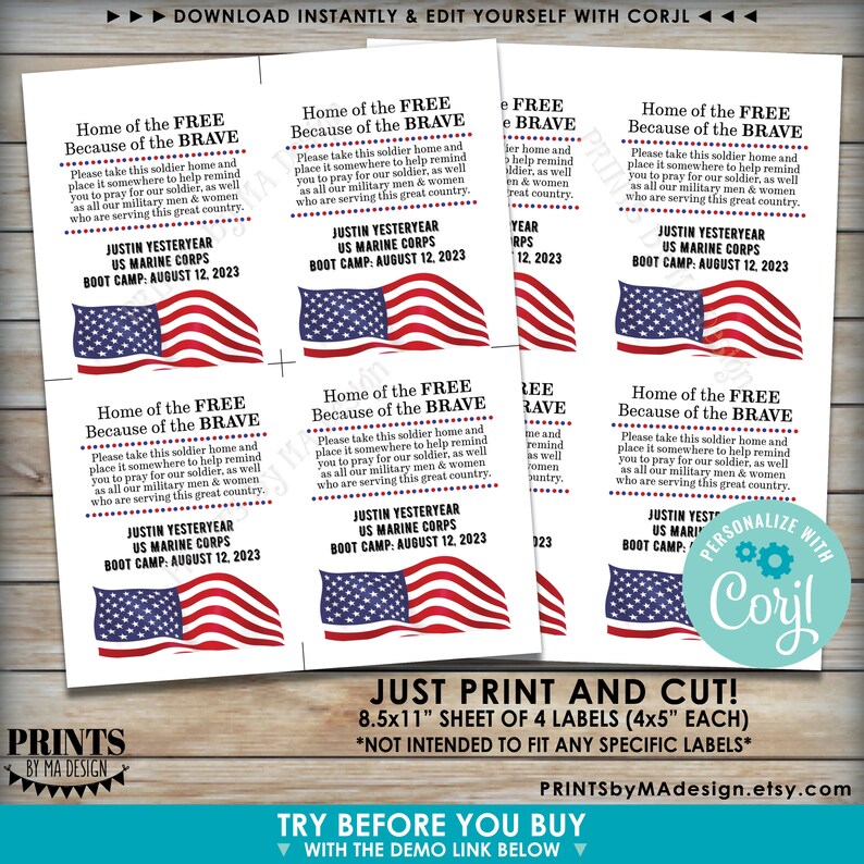 Please Pray for Our US Military Boot Camp Send-off, Take a Soldier, PRINTABLE 8.5x11" Sheet of 4x5" Tags/Cards <Edit Yourself w/Corjl> image 2