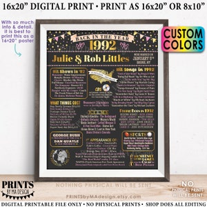 May include: A printable digital poster celebrating the year 1992. The poster features a black chalkboard background with gold and pink accents. It includes information about popular events, music, movies, and people born in 1992. The poster is personalized with the names "Julie & Rob Littles" and the date "January 5th, Bronx, NY".