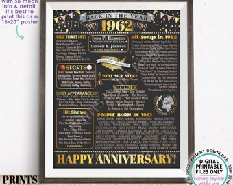 Back in the Year 1962 Anniversary Sign, Flashback to 1962 Anniversary Decor, Anniversary Gift, PRINTABLE 16x20” Poster Board <ID>