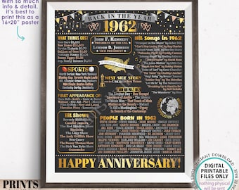 Back in the Year 1962 Anniversary Sign, Flashback to 1962 Anniversary Decor, Anniversary Gift, PRINTABLE 16x20” Poster Board <ID>