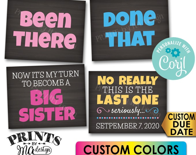 Pregnancy Announcement, Been There, Done That, My Turn to Become a Big Sister, 4 PRINTABLE Baby #4 Reveal Signs <Edit Yourself with Corjl>