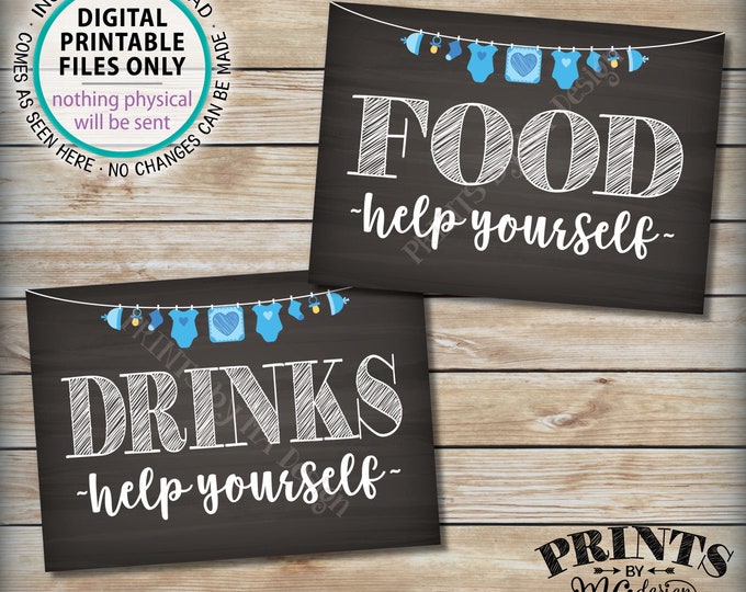 Food and Drinks Signs, Help Yourself, Buffet, Baby Shower Decorations, Blue Clothesline Boy, Two PRINTABLE 5x7” Chalkboard Style Signs <ID>