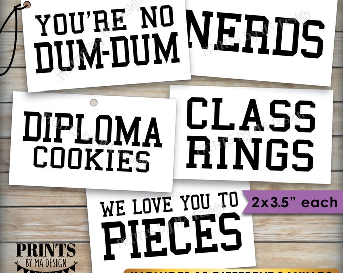 Graduation Party Candy Signs, Candy Bar, Candy Buffet, Smartie Cookie Class Ring Nerds Worms, 2x3.5" cards on PRINTABLE 8.5x11" Sheet <ID>