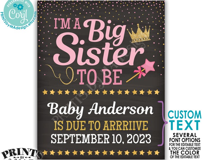 I'm a Big Sister to Be Pregnancy Announcement Sign, Princess Themed PRINTABLE Chalkboard Style Baby #2 Reveal <Edit Yourself w/Corjl>