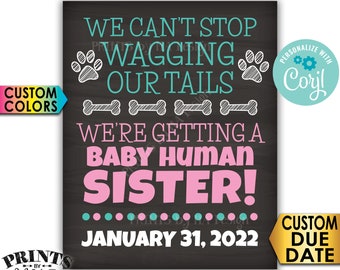 Dog Gender Reveal Sign, We're Getting a Baby Human Sister, PRINTABLE Chalkboard Style Pregnancy Announcement Sign <Edit Yourself with Corjl>