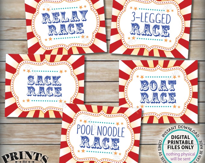 Carnival Race Signs, Circus Party Activities, Relay 3-Legged Sack Boat Pool Noodle, PRINTABLE 8x10/16x20” Carnival Racing Signs <ID>