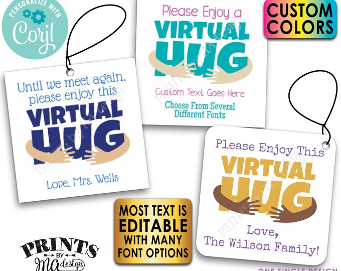 Editable Virtual Hug Tags or Cards, Social Distancing Favor, Custom Square 2.5" on a PRINTABLE 8.5x11" Digital File <Edit Yourself w/Corjl>